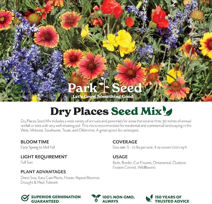 Park Seed Grow Your Own Vibrant Annual and Perennial Wildflower Garden Mixture, Easy to Grow Varieties for Pollinators and Spring Gardens - Dry Places Mix, 10 lbs
