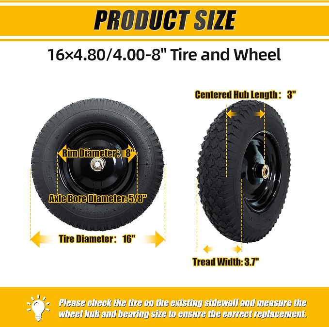 MZREXN 4.80/4.00-8" Tire and Wheel, 16" Pneumatic Wheelbarrow Tire | 5/8"&3/4" Bearings,3"-7"Centered Hub,Fit Hand Truck/Garden Carts/Yard Wagon/Utility Carts/Dolly/Trolley,Black 2pcs