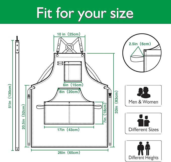 10 Pack Kitchen Apron, Work Apron, Canvas Apron, Green | Multiple Pockets, Gardening, Painting, BBQ, Artist, Carpenter, Sizes M to XXL