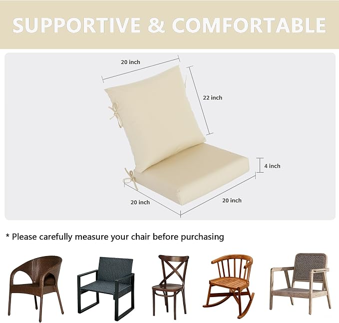 Goodgoods 20 x 42 Outdoor Patio Chair Cushion 2-Pack, Fade-Resistant & Water-Resistant Furniture Chair Cushions with 35D High-Resilience Foam for Dining Chairs, Beige
