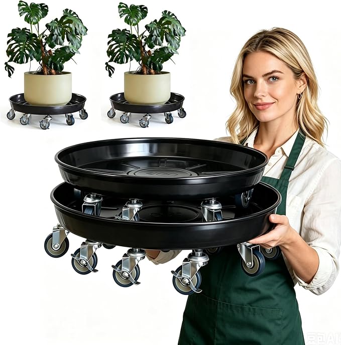 Rolling Planter Caddy(430lbs Capacity), Heavy Duty Metal Plant Stand with Brake Wheels Plant Dolly Mover Plant Pot Tray Saucer for Indoor Outdoor 16 Inches Black 2Pack