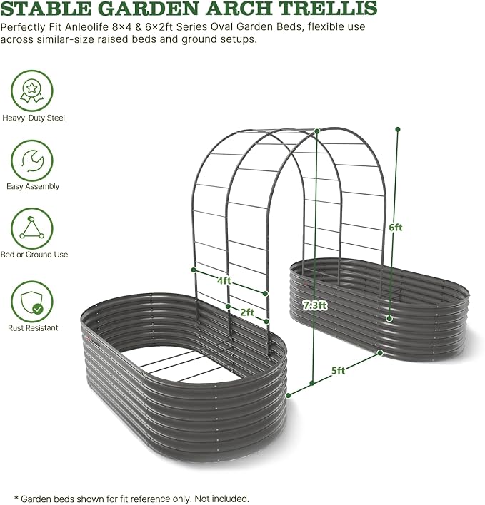A ANLEOLIFE Garden Arch Trellis for Raised Garden Beds, Heavy-Duty Metal Archway, Bed-Mount or In-Ground Install, Deep-Insert Stability for Cucumbers, Beans, Gourds & Squash, Quartz Gray