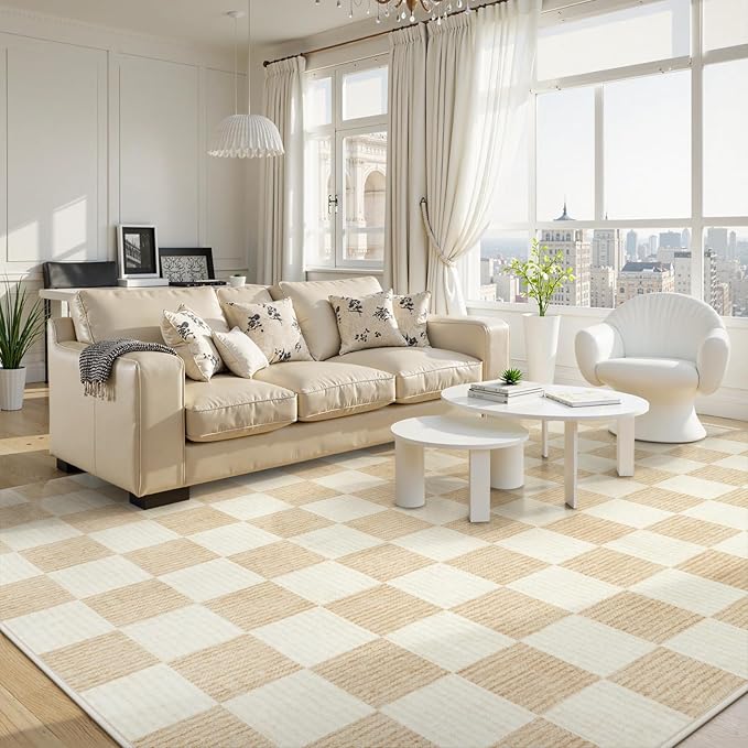 LIVEBOX 8x10 Area Rugs for Living Room, Checkered Non-Slip Washable Rugs, Farmhouse Neutral Classic Geometric Pattern Large Boys Area Rug for Bedroom, Carpet for Dining Room Office(Ivory,8'x10')