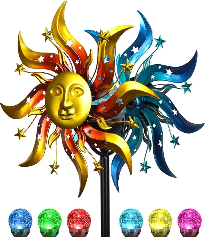Solar Wind Spinner Metal Sun God Kinetic LED Garden Yard Art Decor | Hand-Crafted Art, Mythic sun god metal spinner, Auto-glow solar crackle ball, Stable 5-prong stake