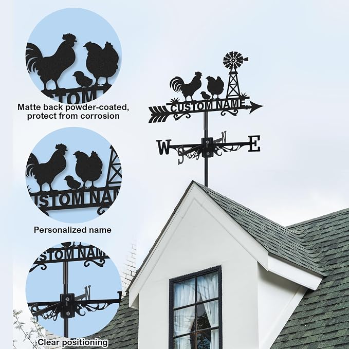 Personalized Metal Weather Vane, Custom Name Weathervane, Chicken Coop Signs, Weather Vanes for Outside, Wind Vanes for Farmhouse Yard Shed Decor, Housewarming Gifts Color05