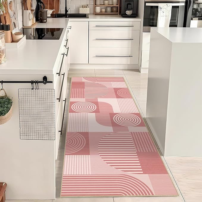 Pink Geometric 2x6 Runner Rug for Hallway Kitchen Bedroom Machine Washable Mid Century Modern Rug Non Slip Low Pile Minimalist Line Runner Rugs Long Floor Mat Carpet for Bathroom Laundry,Pink