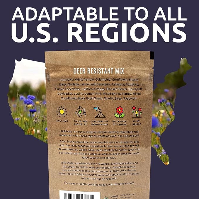 Deer Resistant Wildflower Seed Mixture - Bulk 1/4 Pound Bag - Over 60,000 Deer Tolerant Seeds - Open Pollinated and Non GMO