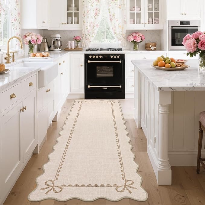 GarveeHome Scalloped Hallway Runner Rug 2.5x8 Non Slip Bedroom Rugs, Beige | Washable Bow Rug for Girls Dorm Nursery Living Room Entyrway Kitchen, Soft Low Pile Ultra-Thin Indoor Carpet