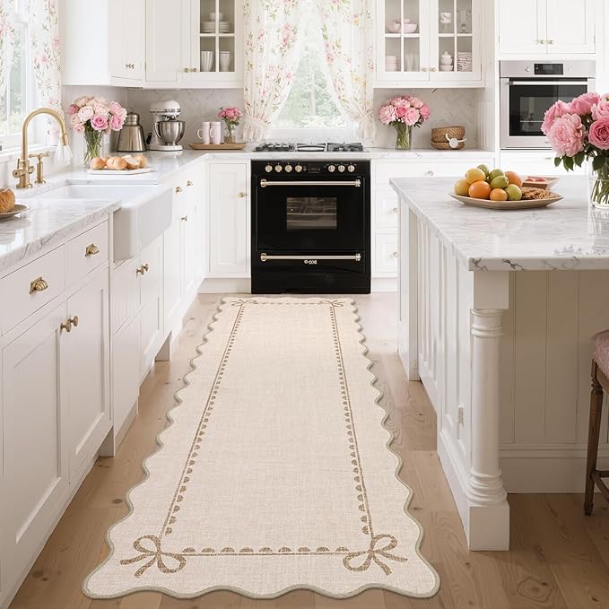 GarveeHome Scalloped Hallway Runner Rug 2x6 Non Slip Bedroom Rugs, Beige | Washable Bow Rug for Girls Dorm Nursery Living Room Entyrway Kitchen, Soft Low Pile Ultra-Thin Indoor Carpet
