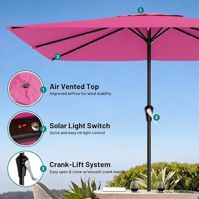 AreShark 8' X 10' Rectangular Patio Umbrella with Solar Lights, Lighted Solar Umbrella with Crank, Outdoor Table Umbrella for Garden, Deck, Backyard, Pool and Beach, Rose Pink