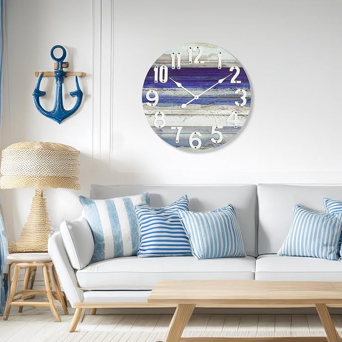 24 Inch Large Beach Blue Wall Clock, Silent Non-Ticking Battery Operated Wall Clock, Rustic Vintage Beach Coastal Wall Decor, Farmhouse Wall Clocks for Living Room, Kitchen, Bedroom