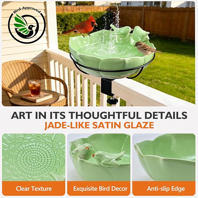 Glazed Ceramic Bird Bath for Deck Railing, 11 Inch Outdoor Bird Feeder Bowl with Adjustable Clamp, Easy Install Balcony/Patio Birdbath for Outside Garden Backyard Decoration, Green