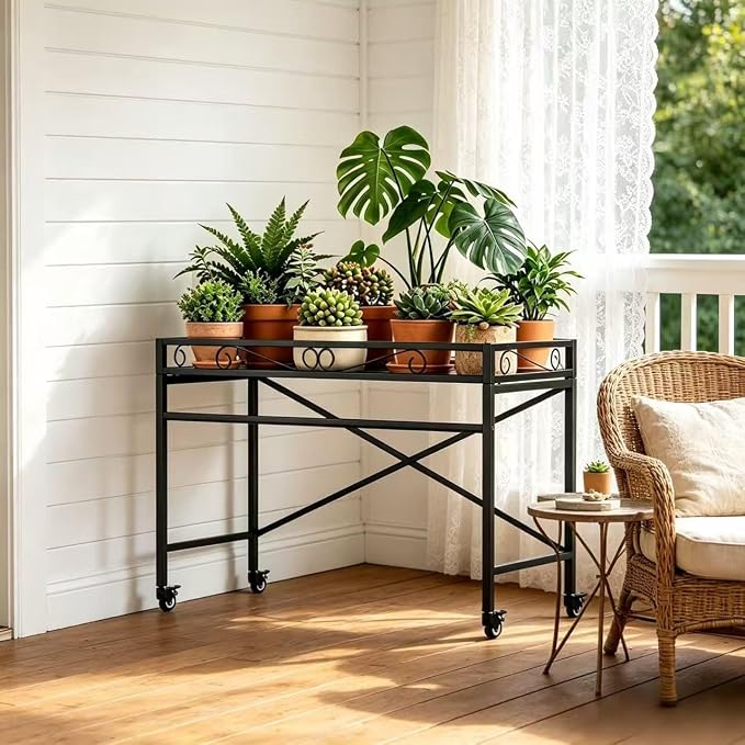 Zhongma Window Height Sturdy Metal Plant Stand with Wheels, 36.6 x 16 x 26.2 in High, Heavy Duty Succulent Shelf for Home Indoor and Outdoor, 220 LBS Capacity & Heavy Duty Construction