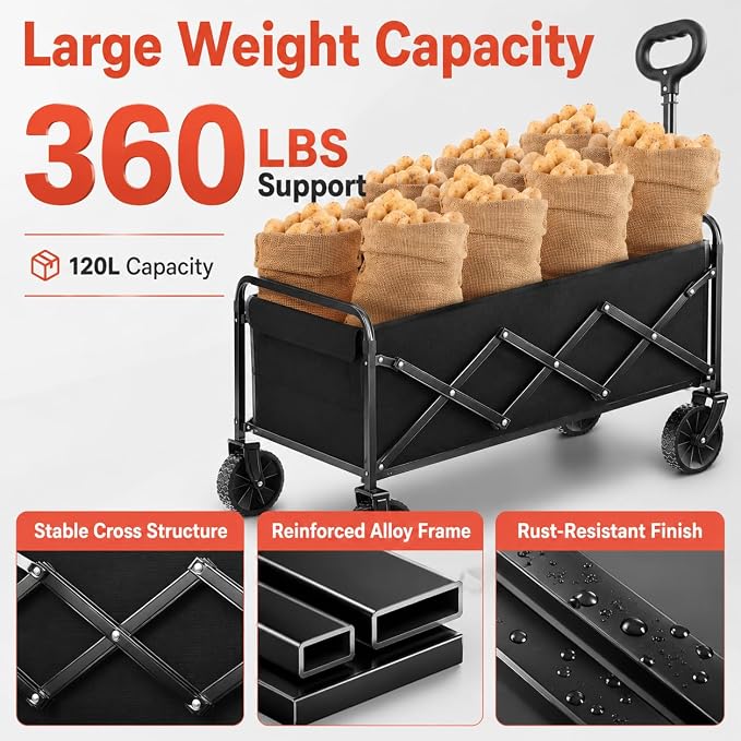 Collapsible Wagon Cart with Wheels, Compact 360 lb Folding Utility Wagon | 120L compact wagon with 360 lb support, 11 lb lightweight design, adjustable handle, 2 cup holders and all-terrain wheels