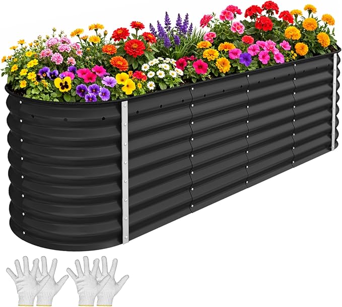 YITAHOME 8x2x2ft Galvanized Oval Raised Garden Bed, Metal Planter Box with Safety Rubber, Gloves, Outdoor Flower Bed for Planting Plants Vegetables, Black