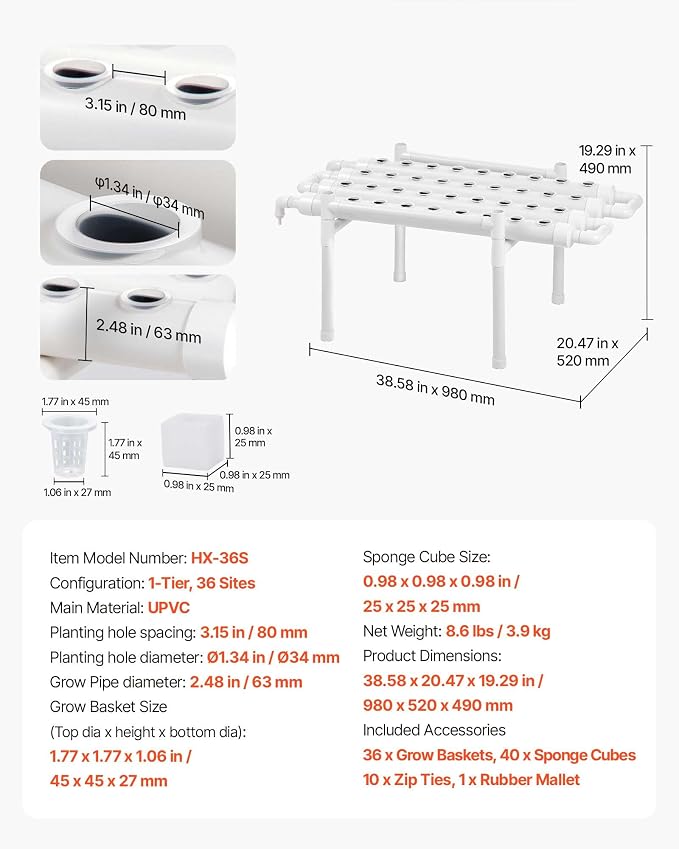 VEVOR Hydroponics Growing System Kit, 1-Tier 36 Sites UPVC Pipe Hydroponic Grow Kit with Timed Irrigation, Sun & Light Blocking Pipes, Indoor Home Garden Vegetable Planting Grow Kits for Fruit Herb