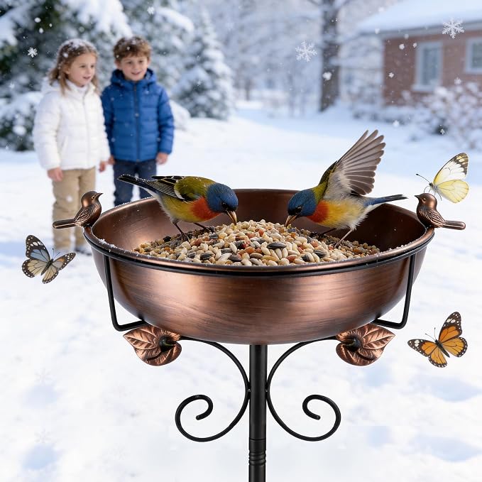 Bird Bath for Outside, 27.6" H Standing Bird Feeder Bowl with 11.8" Wide Basin, 1-Tier Metal & Copper Garden Bird Bath and Feeder for Yard Patio Backyard Lawn Flower Bed Outdoor Garden Decor
