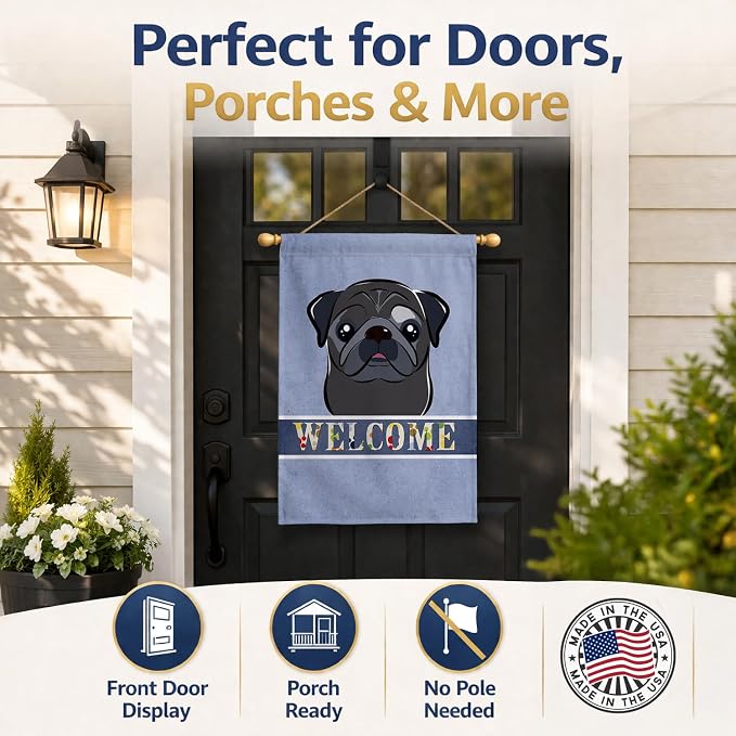 Caroline's Treasures BB1449CHF Black Pug Welcome House Flag, Blue Large Porch Sleeve Pole Decorative Outside Yard Banner Artwork Wall Hanging, Polyester, House Size, Multicolor