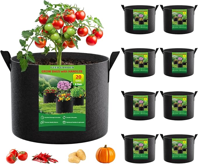 FEED GARDEN 20 Gallon Grow Bags 8 Pack – Heavy Duty 300G Thick Fabric Plant Pots with Reinforced Handles, Breathable Drainage Planters for Tomatoes, Potatoes & Large Vegetables Indoor Outdoor
