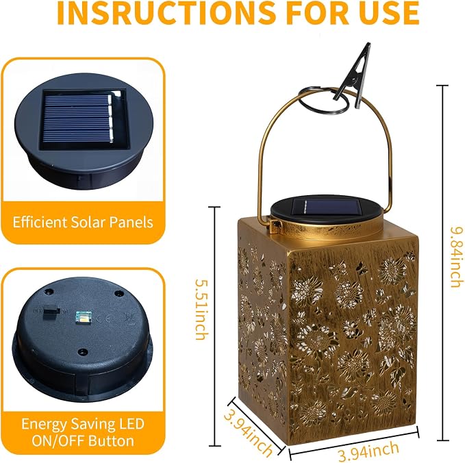 2 Pack Solar Lanterns - Waterproof Metal Hanging Solar Lights Outdoor Decorative, Solar Powered LED Lamp for Patio Tabletop Porch Deck Yard Garden Decor for Outside (Sunflower)