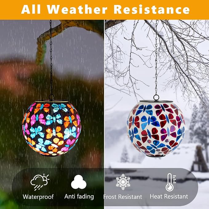 Solar Hanging Lanterns Red Blue Glass Mosaic Gazing Ball Globe Hanging Lantern Lights Outdoor Waterproof for Patio Garden Yard Home Decor (Colorful Butterfly)