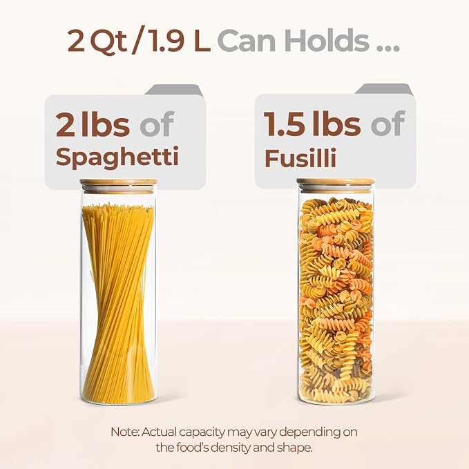 ComSaf Pasta Containers Storage 2 Qt, Spaghetti Container, 3 Pack Glass Jar | 11.3-inch Tall Glass Jar, BPA Free, Glass Storage Containers wtih Lids, Noodles, Cereal, Dry Food Storage, 70oz Pasta Holder