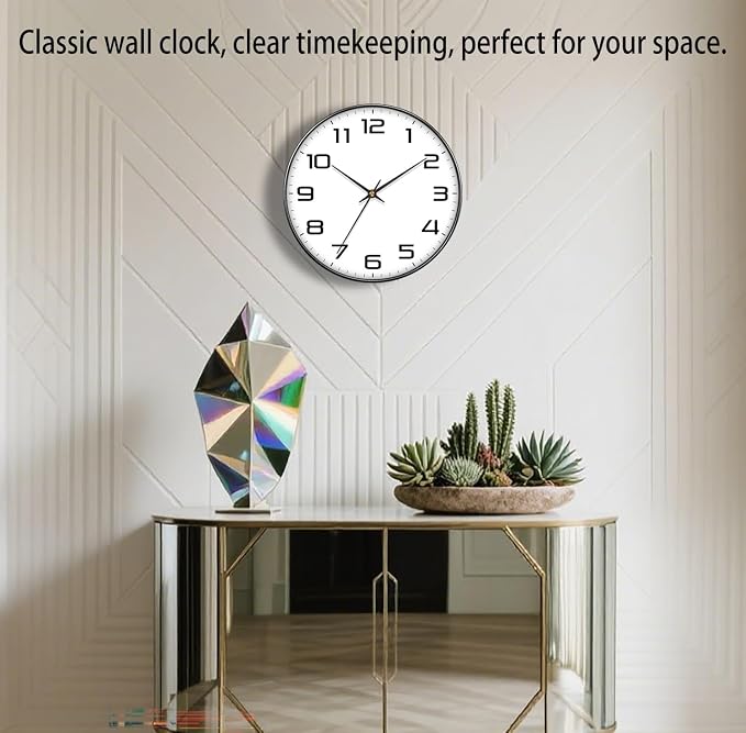 Modern Wall Clocks Battery Operated - 12 inch Silent Non Ticking Quartz Analog Clock with Large Easy Read Numbers, Tempered Glass Decorative Wall Clocks for Living Room Bedroom Kitchen Gym