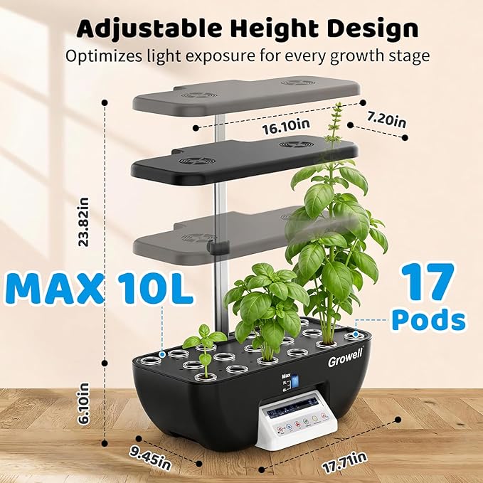 Growell 17 Pods Hydroponics Growing System Kit, Indoor Garden with 2 Fans | for Airflow & Anti-Mold, LED Grow Light, Smart Water Cycle, Auto Timer, 10L Large Water Tank,Gardening Gift, Black/White