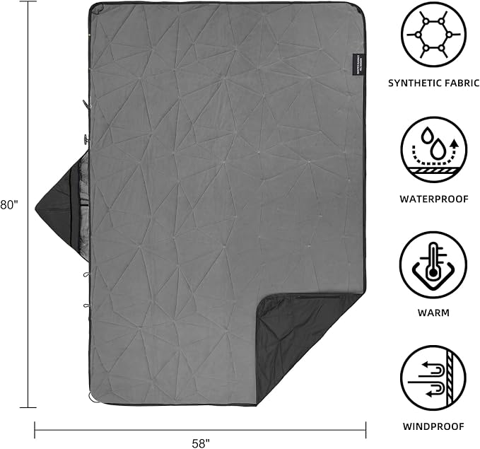 Large Waterproof Outdoor Blanket Thick Fleece 80" x 58" | Windproof Stadium Blanket, Wearable Poncho, Machine Washable for Camping, Car, Pet, Picnics - Black Gray Hooded