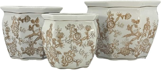 Galt International Brown & White Round Fluted Floral Porcelain Ceramic Plant Flower Planter Pot Set of 3 (7.5", 10", 13") Garden Pots Chinese Asian Design