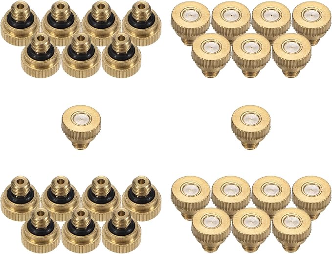 M METERXITY 30-Pack Brass Misting Nozzle, 0.008" 0.2mm Orifice 10/24 UNC O-Ring Replacement Mister Nozzles Plug Mister Heads for Garden Patio Outdoor Cooling System Low-Pressure Atomizing