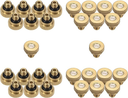 M METERXITY 30-Pack Brass Misting Nozzle, 0.008" 0.2mm Orifice 10/24 UNC O-Ring Replacement Mister Nozzles Plug Mister Heads for Garden Patio Outdoor Cooling System Low-Pressure Atomizing