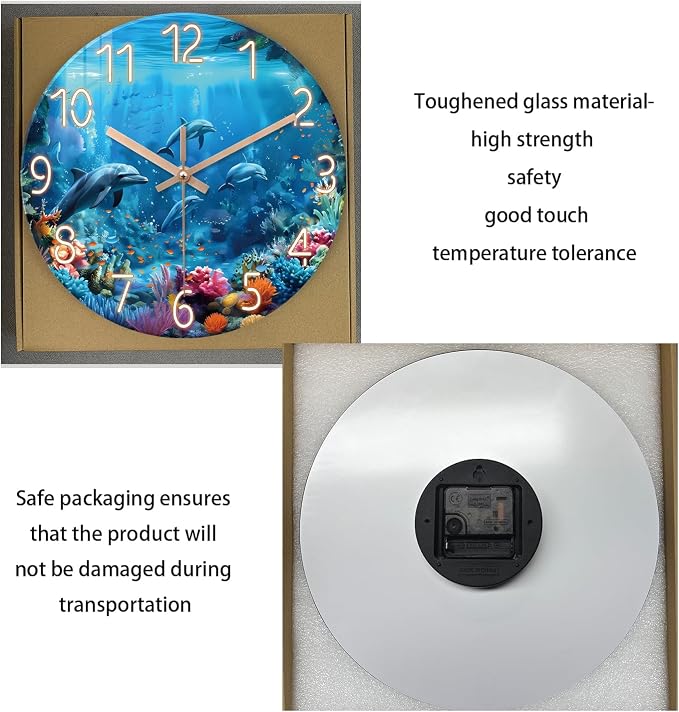 XFM Tropical Dolphin Wall Clock 14 Inch Blue Ocean | Battery Operated Tropical Nautical Modern Glass Decorative for Living Room Bedroom Bathrom Office Silent Non Ticking