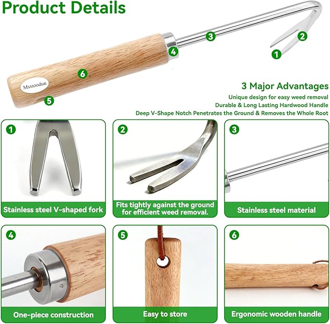 4PCS Garden Weeding Tool Set, Hand Weeder Tools with Wooden Handles, Double Claw Root Hook, V-Shape Weed Puller, Crack Weeder & Stainless Steel Garden Trowel for Digging, Planting & Weed Removal