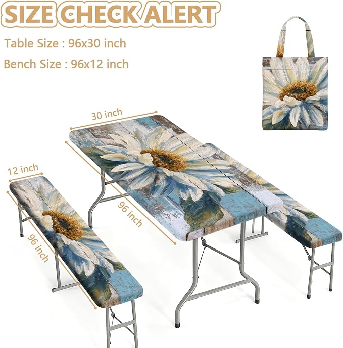 Picnic Table Cover with Bench Covers Elastic Edges, Outdoor Patio Camping Essentials 96 Inch 3PCS, Waterproof Camping Fitted Tablecloth with Handbags (Wood flower)