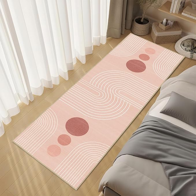 Boho Runner Rug 2x6 Modern Geometric Abstract Rug for Hallway Kitchen Bedroom Pink Mid Century Modern Runner Machine Washable Non-Slip Printed Low-Pile Long Floor Carpet for Bathroom Laundry Pink