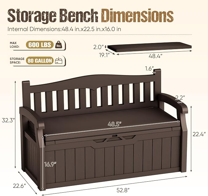 80-Gallon Outdoor Storage Bench with Cushion, Lockable Waterproof Deck Box with Armrests for Patio, Garden, Pool, Brown