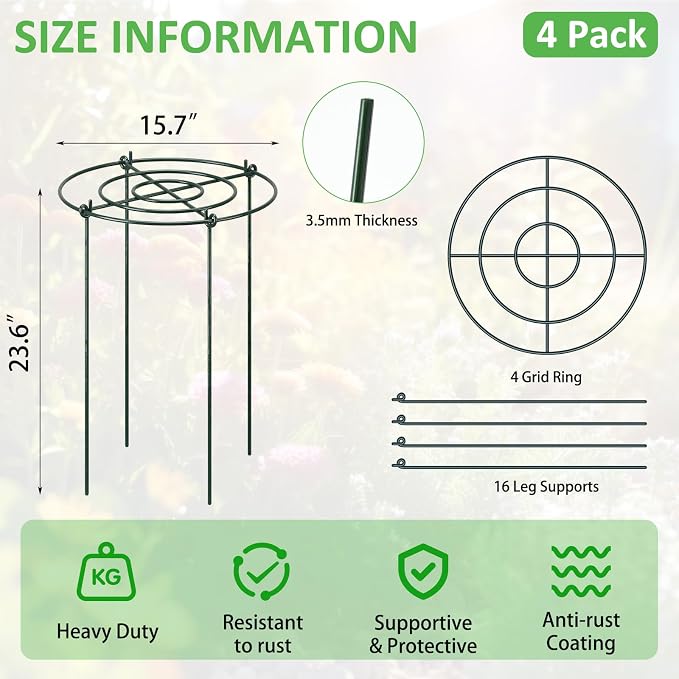 Pelopy Large Peony Cages and Supports 23.6"H x 15.7"D Heavy Duty Plant Support for Outdoor Plants, Meatl Peony Rings, Flower Support Stakes, Garden Stakes for Rose Tomato Hydrangea Strawberry(4 Pack)
