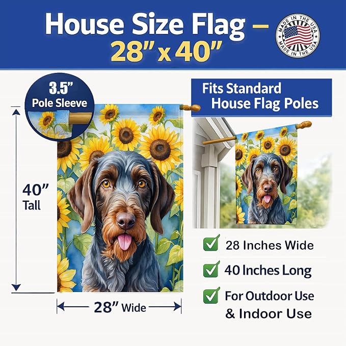 Caroline's Treasures DAC6086CHF German Wirehaired Pointer in Sunflowers House Flag Large Porch Sleeve Pole Decorative Outside Yard Banner Artwork Wall Hanging, Polyester, House Size, Multicolor
