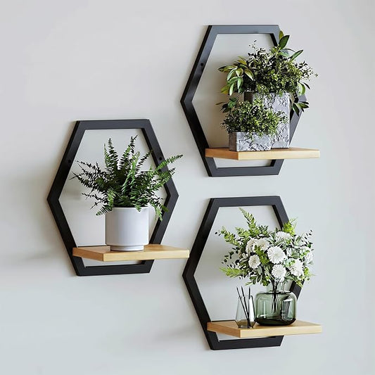 3 Pack Solid Wood & Metal Framework Wall Plant Stands,9 inch Natural Wood Shelf of Indoor,Mid Century Modern Hanging Planter for Outdoor Entryway 25 LB Load for Plants Black