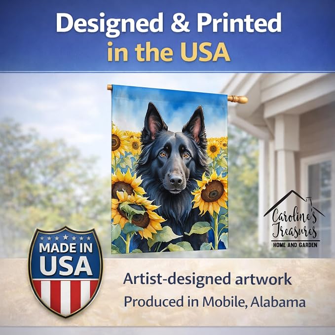 Caroline's Treasures DAC6023CHF Belgian Sheepdog in Sunflowers House Flag Large Porch Sleeve Pole Decorative Outside Yard Banner Artwork Wall Hanging, Polyester, House Size, Multicolor