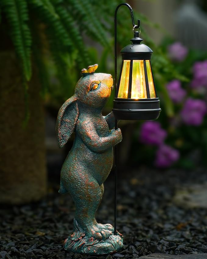 Pohabery Garden Statues Outdoor Bunny with Solar Lantern – Rabbit Yard Decor, Waterproof Resin Figurine Pathway Light for Easter Housewarming Gifts for Lawn & Patio