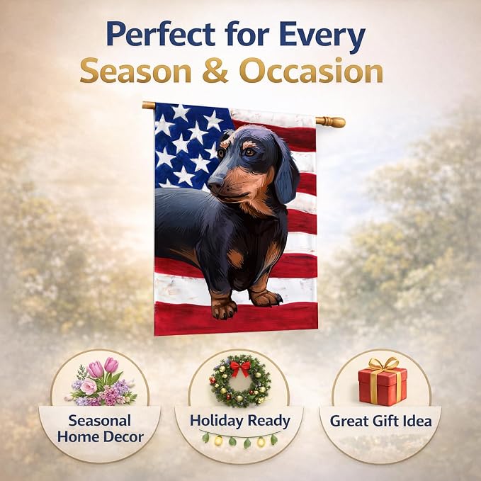 Caroline's Treasures CK6500CHF Dachshund Dog American Flag House Flag Large Porch Sleeve Pole Decorative Outside Yard Banner Artwork Wall Hanging, Polyester, House Size, Multicolor