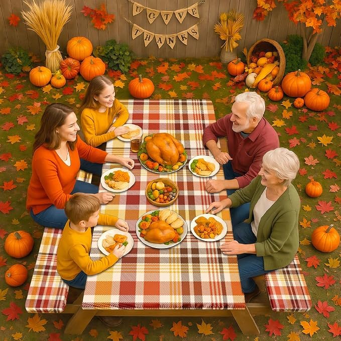 Picnic Table Cover with Bench Covers Elastic Edges, Fall Autumn Fitted Table Cover, Outdoor Patio Camping Essentials 72 Inch 3PCS, Waterproof Camping Fitted Tablecloth with Drawstring Bag