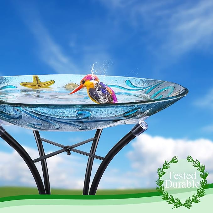 MUMTOP Glass Bird Bath, Large Bird Baths for Outdoors, Solar Birdfeeder with Metal Stand for Garden, Yard, Lawn Decor sea Turtle Pattern(Blue, 21.5"X18")