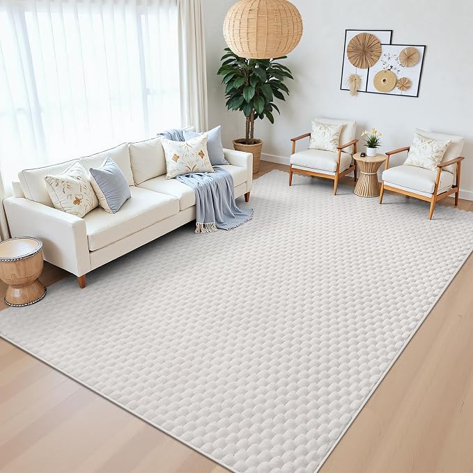 6x9 Area Rug for Living Room, White Washable 3D Bubble Bedroom Rug | Non Slip High Low Pile Hexagon Floor Mat for Dorm, Modern Soft Fluffy Carpet for Dining Room, Office and Nursery