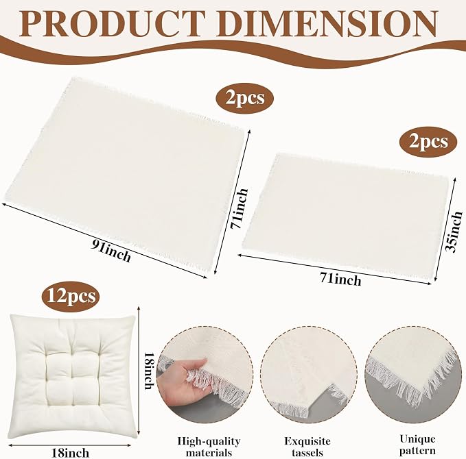 Novabright Picnic Kit Folding Picnic Table Extra Large Outdoor Boho Blanket Beige Table Runner Floor Pillow Covers Woven Cotton Oversize Washable for Camp Wedding(Cream White,Floor Cushions,20 Pcs)