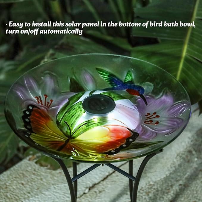 MUMTOP Glass Bird Baths for Outside, 16 Inch Width Outdoor Garden Hummingbird Butterfly Bird Bath Bowl with Solar Light and Metal Stand, Large Glass Birdbath Bird Feeder for Yard Decor, 20 Inch Height
