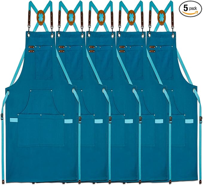 5 Pack Kitchen Apron, Work Apron, Canvas Apron, Blue | Multiple Pockets, Gardening, Painting, BBQ, Artist, Carpenter, Sizes M to XXL