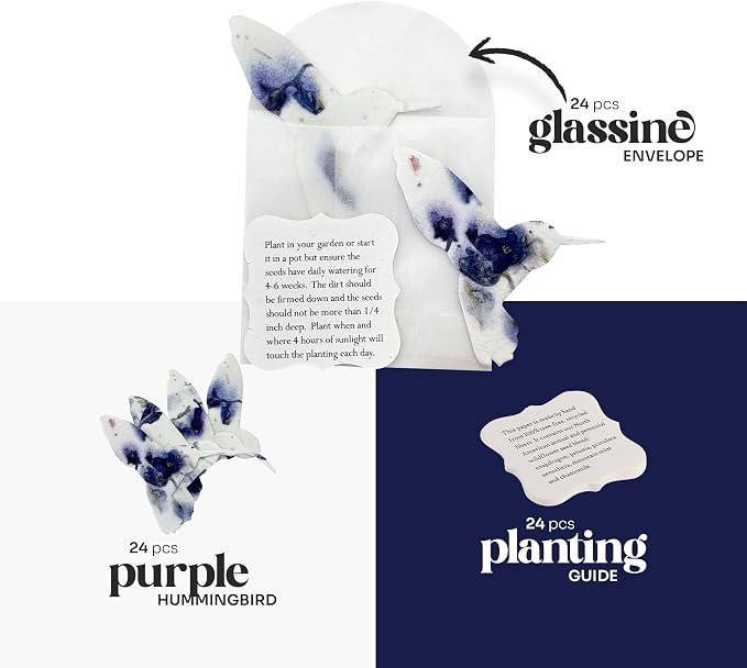 Purple Hummingbird Gift Tags with Wildflower Seeds - 24pcs Writable Gift Wrap Tags for Funeral Favors, Sympathy Gifts & Celebration of Life Keepsake